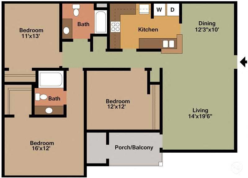 Floor plan for 3 beds, 2 baths, 1413 sqft